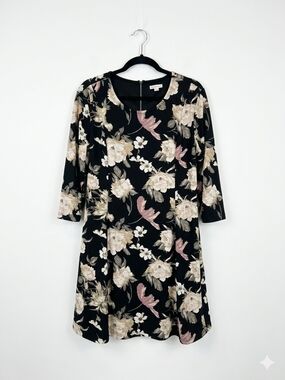 Cato Black Floral Long-Sleeve A-Line Dress with Cream and Dusty Pink Accents